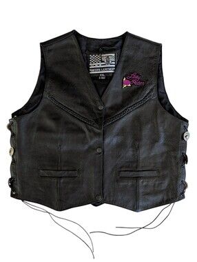 Vintage USA Bikers Leather Lady Rider Side Lace Up Braided Vest XXL Black